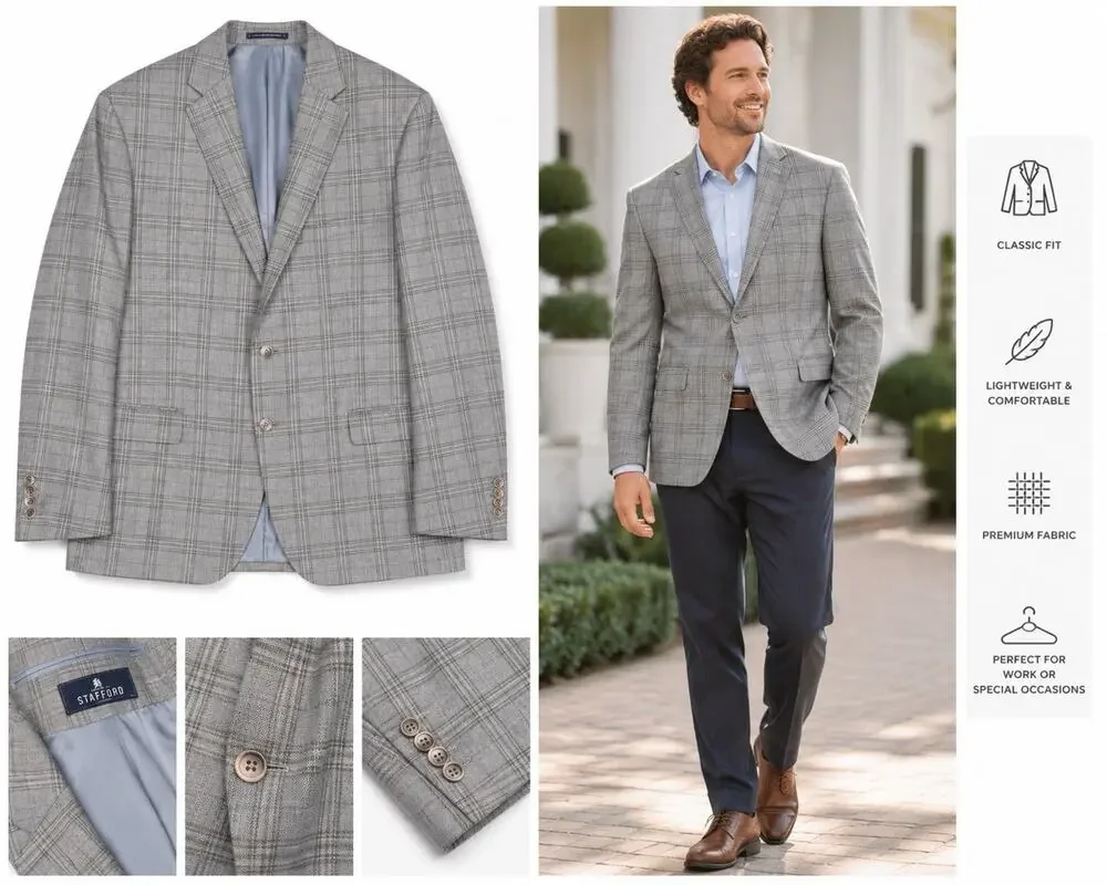 Hart Schaffner Marx Suit Mens 46L Grey Blue Glen Plaid Dillards USA Made NY Fit